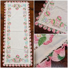 Vtg Hand Embroidered Table Runner Crochet Floral Edge Grannycore Cottagecore  picture