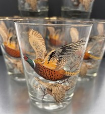 VTG COOL MCM Barware Set 8 4.5” Tall Pheasants Cocktail Whiskey Glasses Barware picture