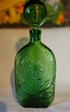 Gorgeous Vintage Stelvia Wayne Husted Green Sunflower Decanter MCM Glass Bottle picture