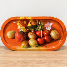 Vintage Soviet USSR Metal Serving Tray Fruit Still Life Orange Russian 14.5 x7.5 picture