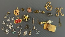 Lot of 30+ Mixed Vintage Lapel Pins Charms Money Clip Tie Clip Pendant Gold Tone picture