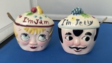 Vintage 1940s Anthropomorphic Man/Woman I'm Jelly - I'm Jam Condiment Jars picture