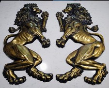 Pair of 2 Vintage Heraldic Lions In Black And Gold MetalPlaques Made in Japan  picture