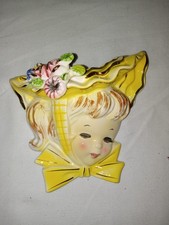 Vintage Ceramic Yellow Bonnet Girl Wall Pocket Head Vase Southern Belle Lady picture
