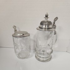 2 Antq Vtg German French Glass Etched Beer Stein Bierkrug lid bird hunt scene picture