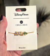 Disney Parks x Girls Crew Disney Castle Charm Bracelet Gold Tone Colored Stones picture