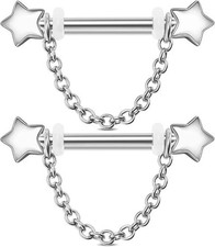 14G Star Nipple Rings Dangle Chain Piercing Jewelry 14K White Gold Over Barbell picture