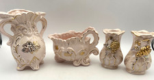 Vintage Pink Porcelain Vanity Set 4 Pc Gold Gilt Vases Bowl Rococo Style picture