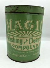 Vintage Tin MAGIC Washing & Cleaning Compound  GREEN Litho Container 30's-40's picture