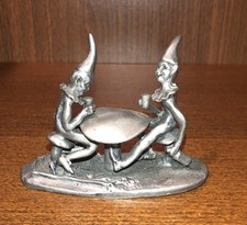 Vintage PEWTER Pixies Sitting At Mushroom Figurine picture