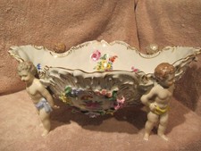 Massive Dresden Centerpiece with Winged Cherubs & Delicate Floral Inset picture