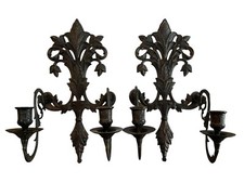 Cast Iron Ornate Gothic Double Wall Sconces Candle Holder  *PAIR* *RARE* picture