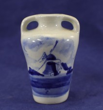 Delft 2-Handle VASE Windmill Blue & White Doll House Souvenir Holland Vintage picture