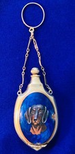 RARE Silver VICTORIAN HP Enamel *GUILLOCHE DACHSHUND* Combo PERFUME & COMPACT picture