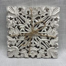 2 Handcrafted Carved White Wooden Trivet 7 3/4” Coastal Cottagecore Farmhouse picture