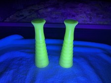 (2) Candle Vaseline Topaz Opalescent Hobnail Uranium Cruet Glow Black Light picture