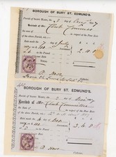 1887 Bury St. Edmunds Poor Rate Receipts Pair Victoria Revenue Stamps Suffolk UK picture