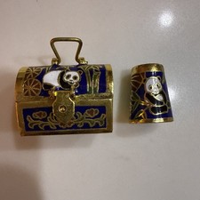 Vintage Cloisonne Enamel Panda Thimble & Matching Treasure Chest Box Blue Gold picture