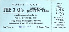 Vintage 1943 The 3 Qs Penn Dairies Inc. WORK York PA Radio Guest Ticket picture