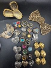 Vintage 28Button Covers Jeweled Faux Gold & Silver/3 bukkles Bow Junk Craft Lot picture