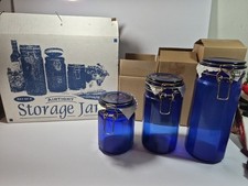 Vintage Cobalt Blue Glass Canister Set Of 3 Jars Wire Bail Lids Rubber Seal READ picture