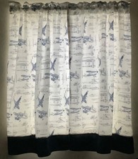 Lot 2 lined rod pckt curtains ea 34inWx47inL, blu/wht vtg airplanes, button trim picture