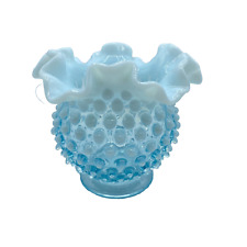 Fenton Art Glass Hobnail Fluted Rose Bowl Blue Opalescent Vase 4 1/2” Vintage picture