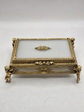 Vintage Mid Century Modern Ornate Glass  Trinket Jewelry Box Gold Tone picture