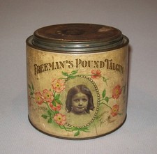 Old Antique Vtg Ca 1900s Freeman's Pound Talcum Talc Tin Beautiful Child Graphic picture