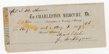 1856 Charleston Mercury Newspaper Subscription Receipt Signed Heart & Taber SC picture