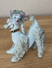Vintage Blue Poodle Gold Spaghetti Trim Wearing Brimmed Bonnett Hat MCM picture