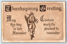 1913 Thanksgiving Greeting Pilgrim Cached Turkey Antique Posted Postcard picture