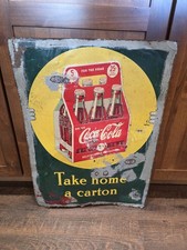 Vintage 1930s Coca-Cola Take Home a Carton Metal Sign 6 Pack Curb Display... picture