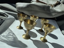 Vintage Set of 5 Etched Brass Mini Goblets Chalices Cordial Cups Barware India picture