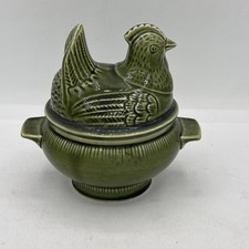Vintage MCM Avocado Green Ceramic Chicken Casserole Dish Lidded Tureen 5.5” picture