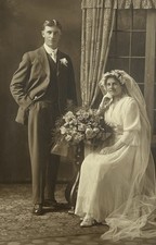 Antique 1920s Wedding Photo Postcard Original Sepia Groom Bride Marriage    E-8 picture