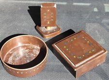 Antique ARTS & CRAFTS 3pc Copper Enamel Motif Desk Smoking Set BRADLEY & HUBBARD picture