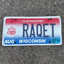Wisconsin Expired 1997 US Air Force Retired Vanity Plate #RAQET Tennis Theme EUC picture