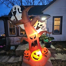 Gemmy Halloween Yard Inflatable Scary Tree w Ghosts & Jack O'lanterns 8ft Tall picture