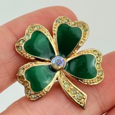 Vtg Nina Ricci Avon Brooch Pin Green St Patricks Day Rhinestone Clover Shamrock picture