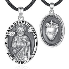 Mens Jesus Sacred Heart Pendant Necklace 24In Rope Christian 925 Silver Jewelry picture