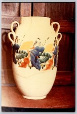 Cream Ceramic Vase Loop Handles Painted Floral Design Vintage Color Photo picture