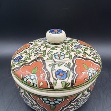 Vintage Lidded Turkish Kutahya Trinket Bowl Pottery Floral Scrolls picture