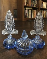 ART DECO Paden City tall Blue CZECH Glass Perfume Bottles & Powder Jar  picture