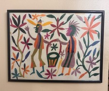 Framed Mexican Folk Art Textile Wall hand embroidered by OTOMI Indians TENANGO picture
