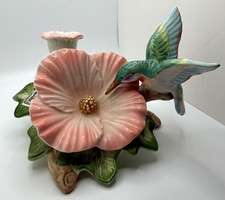 Fitz and Floyd Hummingbird Floral Ceramic Candle Holder Hand Painted 1987 5in picture