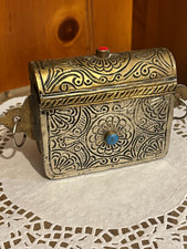 Ornate Embossed Metal Trinket Box, Hinged Lid, Blue & Red Cabochons picture