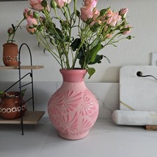 Handcrafted Mexican Barro Vase - Matte Pink with Raised Glossy Floral Relief picture