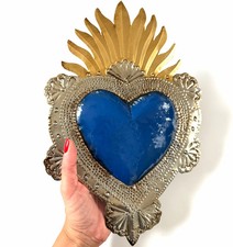 Mexican Tin Sacred Heart, Crown Hand Painted Milagro Wall Decor, Handmade Folk A picture