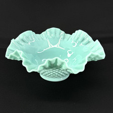 Vintage Fenton Hobnail Bowl, Turquoise Blue Milk Glass  Ruffled 10” 1950s picture